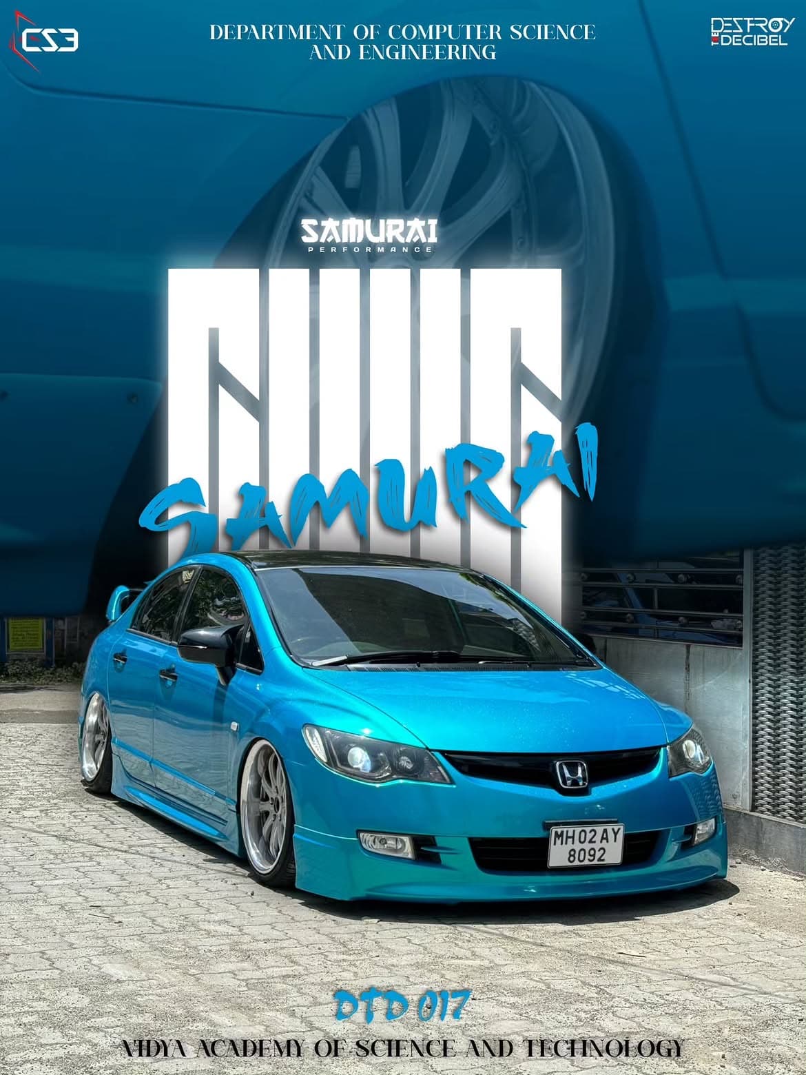 DTD 017 poster: a lowered bright-blue Honda Civic on polished deep-dish wheels, titled Samurai Civic